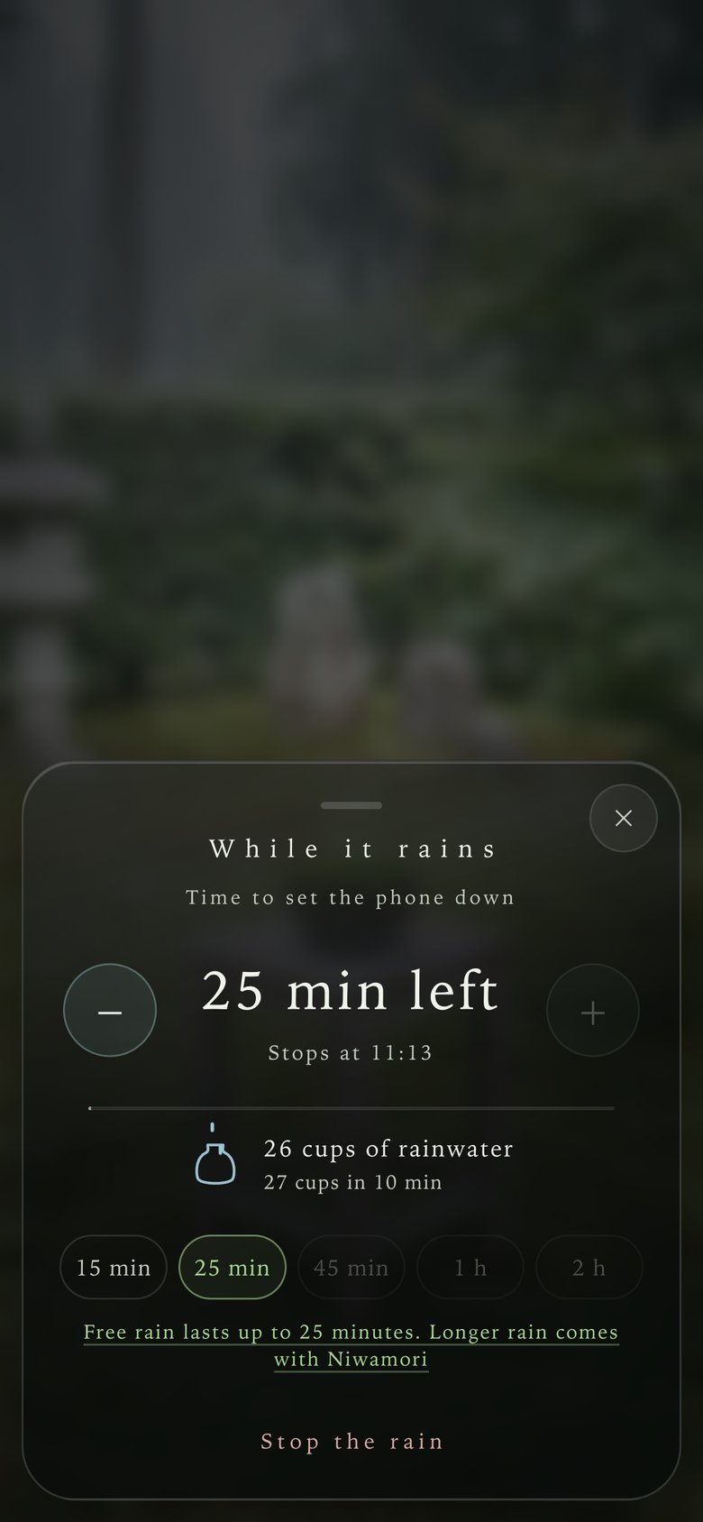 Rain panel: 25 minutes left, rainwater collected, and lengths from 15 minutes to 2 hours